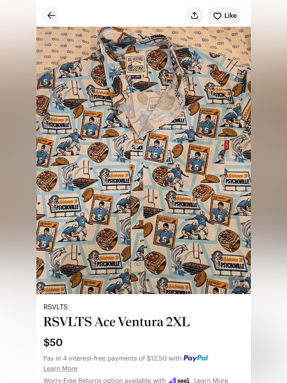 RARE; Ace Ventura Pet Detective/ Jim Carey Button Down Shirt*** Psychoville